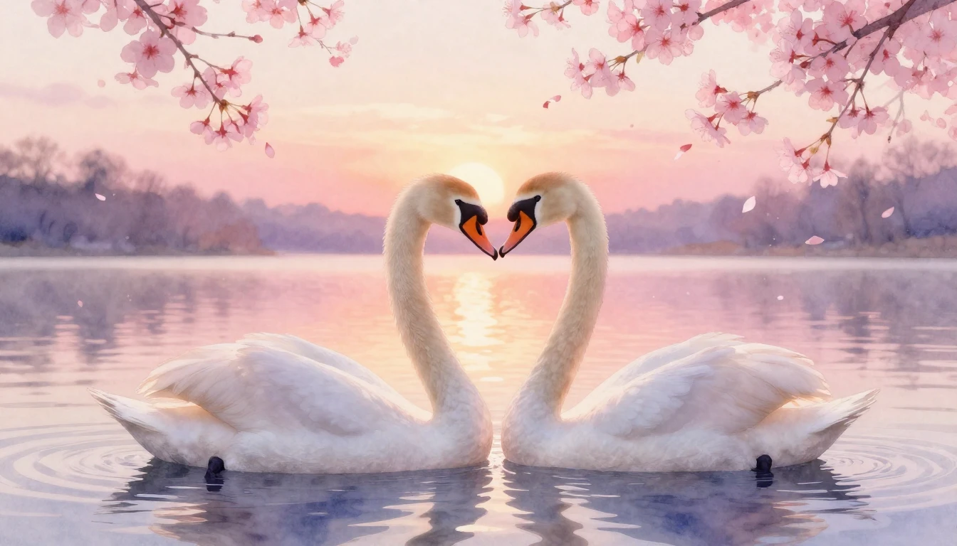 A soft watercolor painting of two elegant swans forming a he...