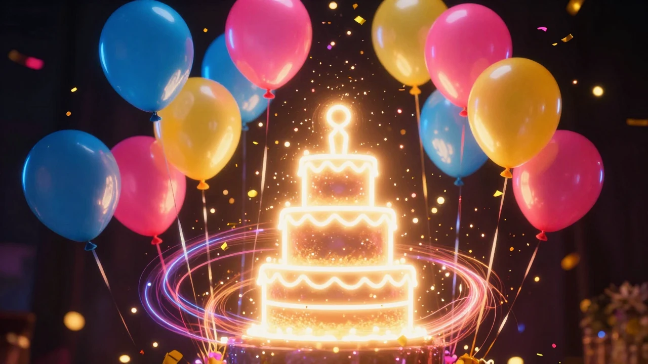 A vibrant celebration scene featuring a cluster of glowing n...