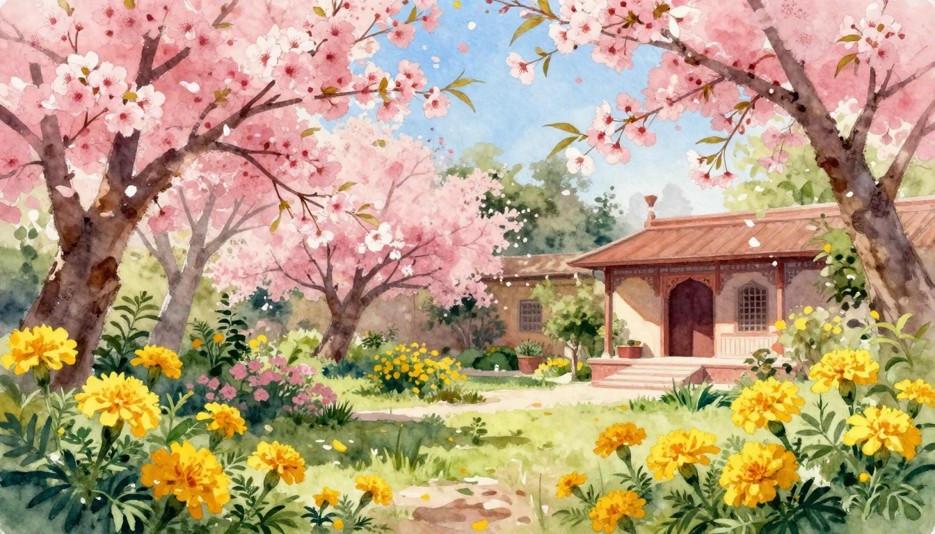 A vibrant watercolor painting of a lush spring garden in ful...