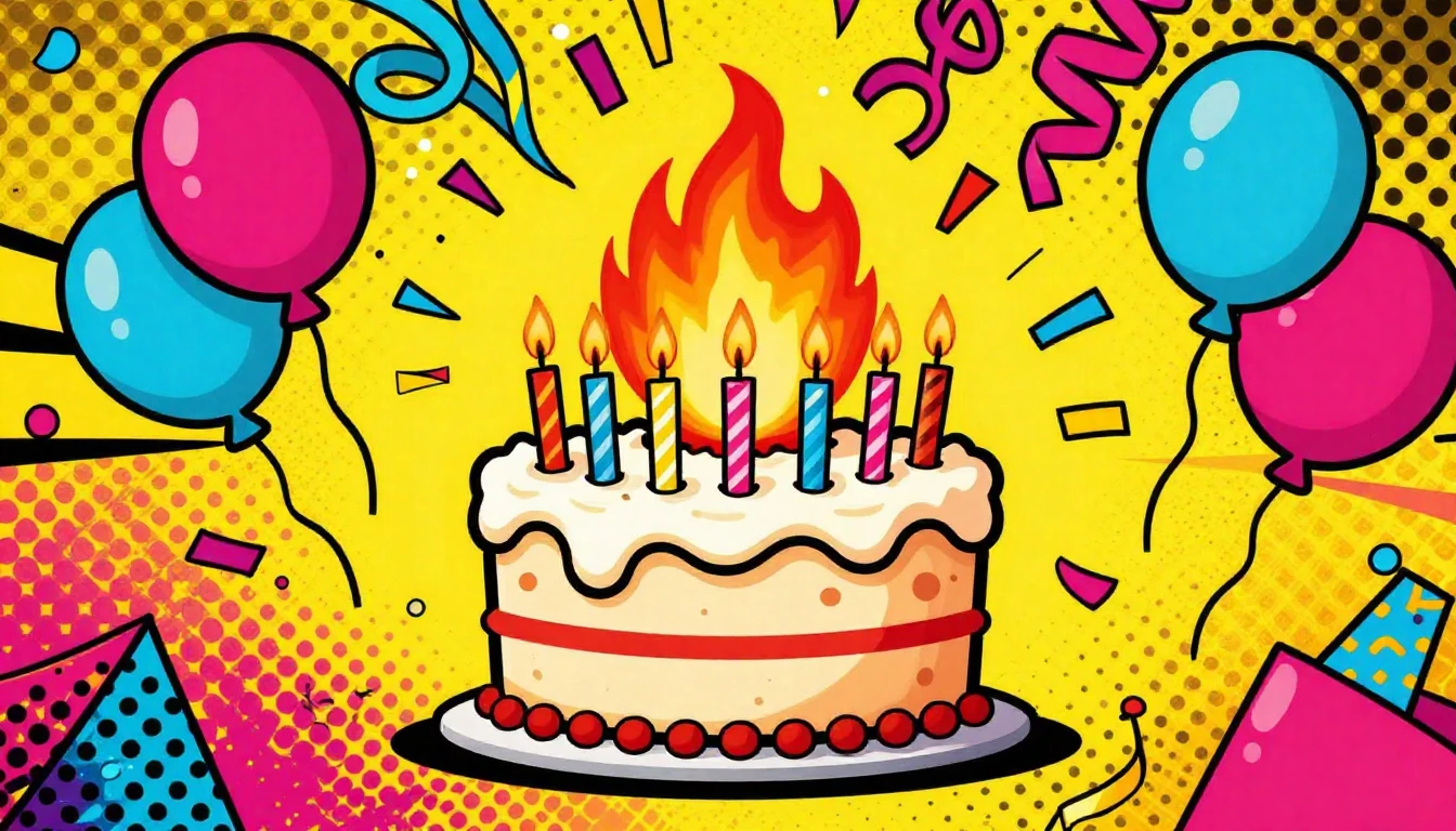 A vibrant and colorful Pop Art illustration of a chaotic bir...