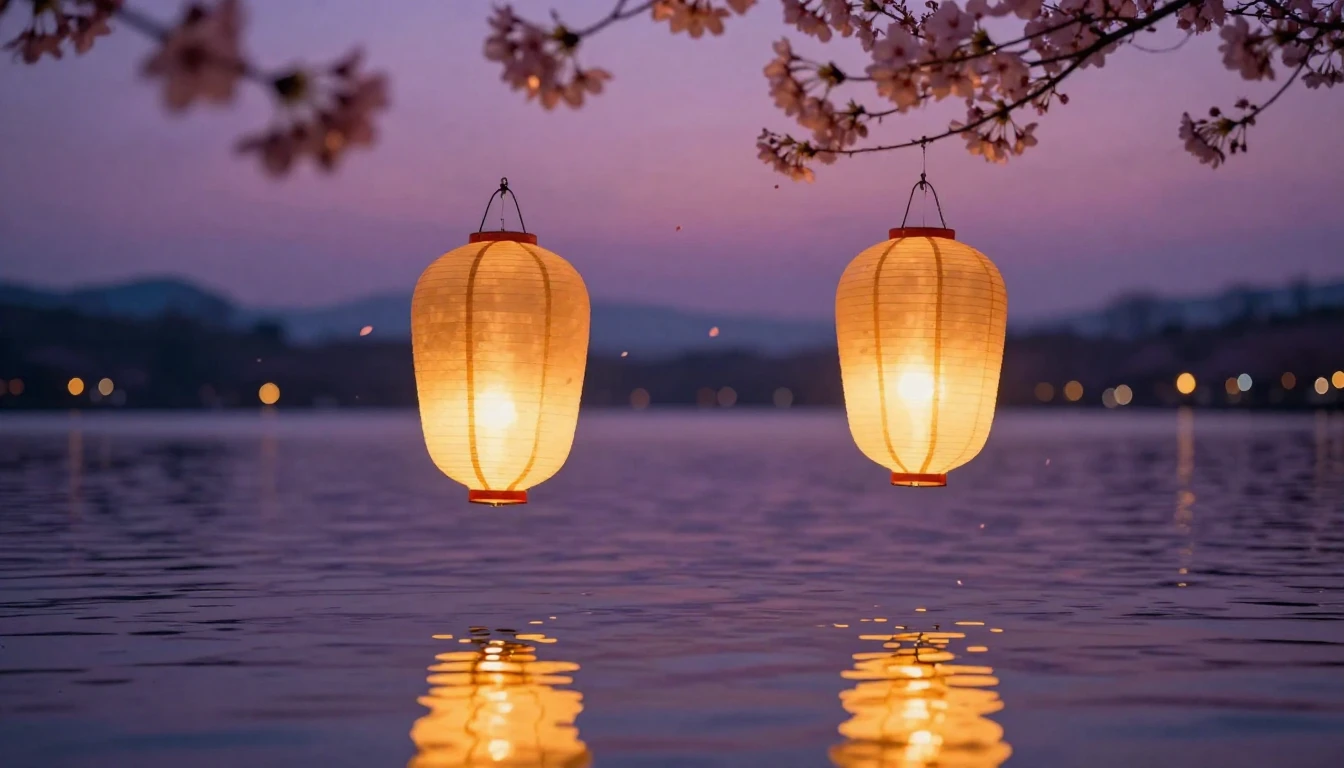 A breathtaking scene of two glowing paper lanterns floating ...