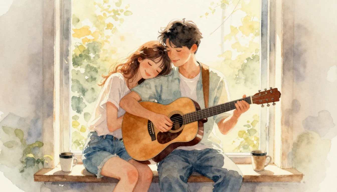 A soft and romantic watercolor painting of a young couple si...