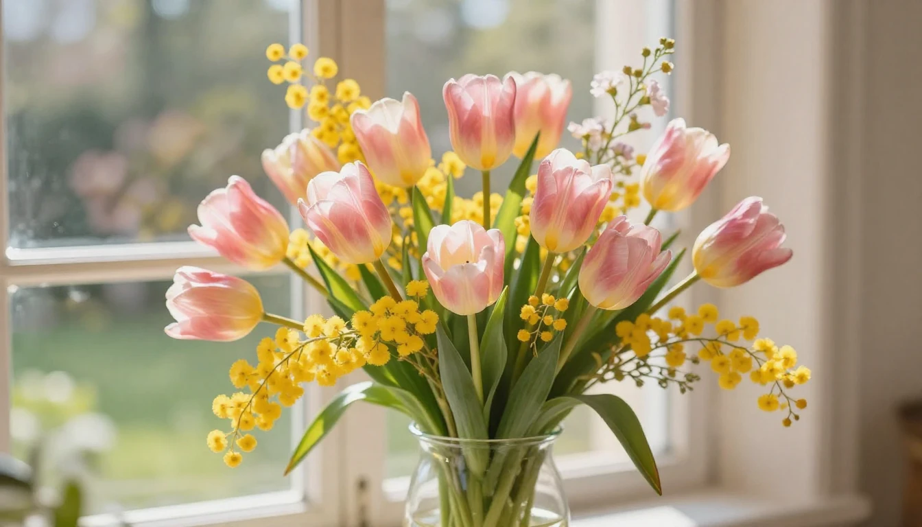 A beautiful and vibrant spring bouquet featuring tulips, mim...