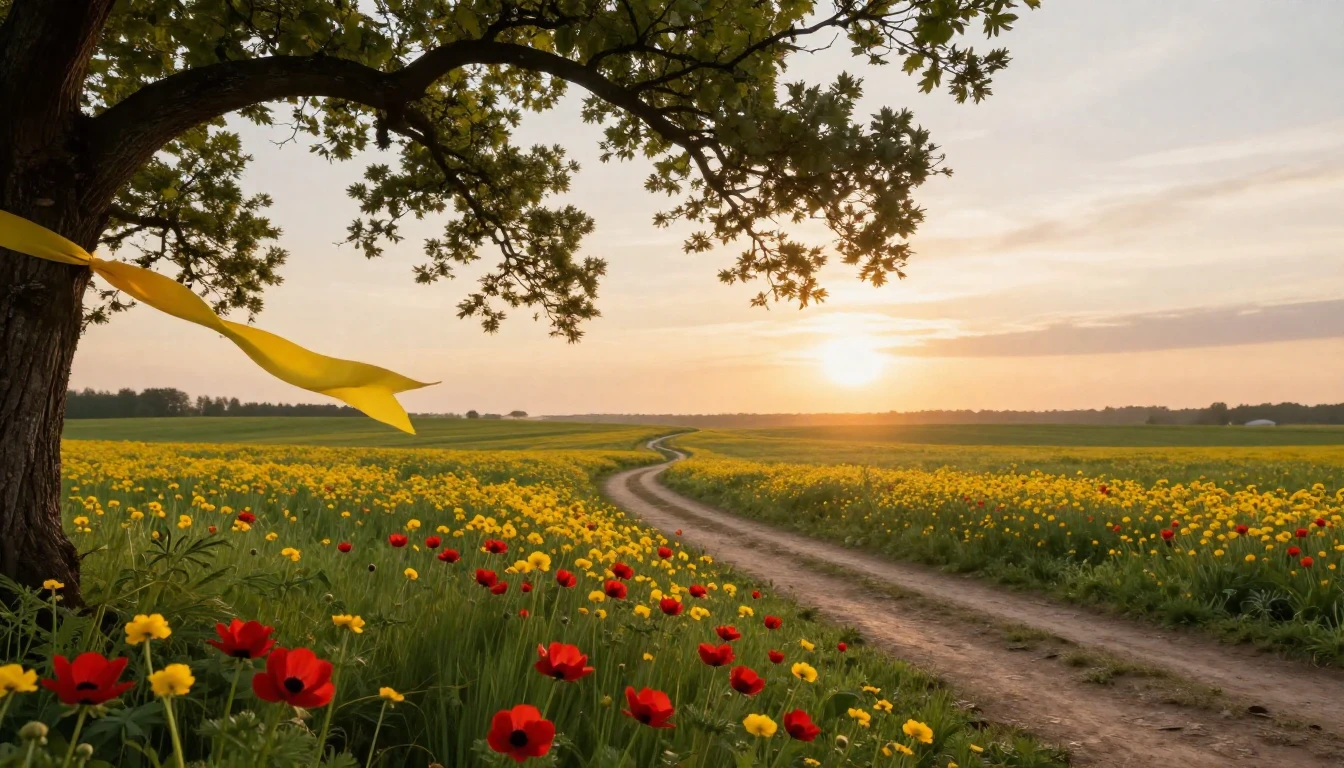 A vast green field filled with blooming red anemones and yel...