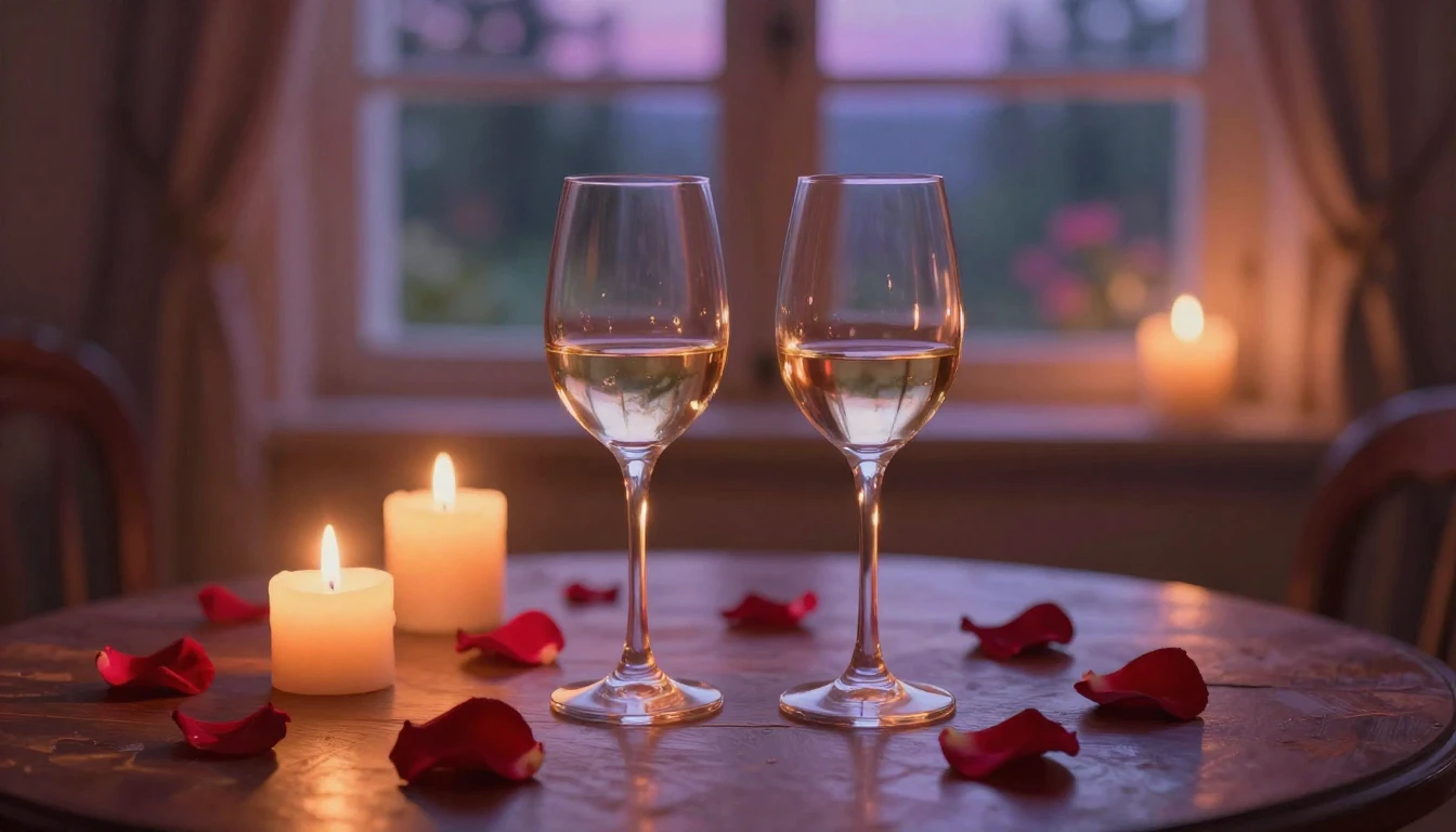 A dreamy and romantic scene featuring two elegant wine glass...