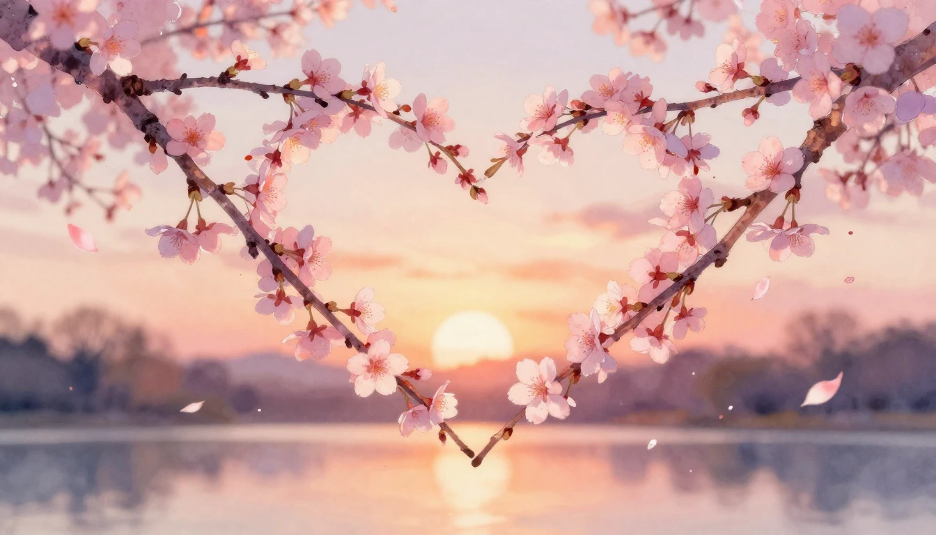 A delicate watercolor painting of two intertwined cherry blo...