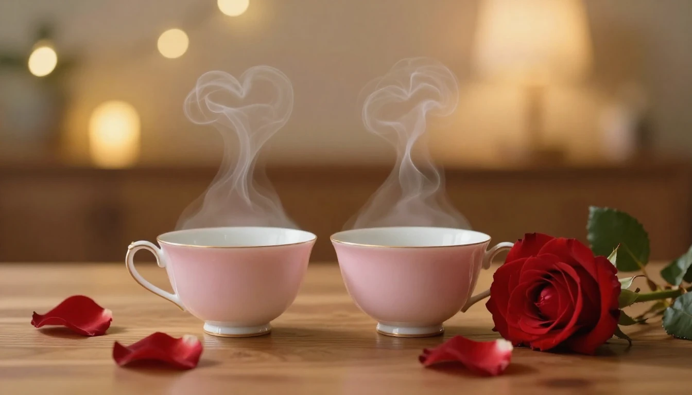 A serene and romantic scene featuring two delicate porcelain...