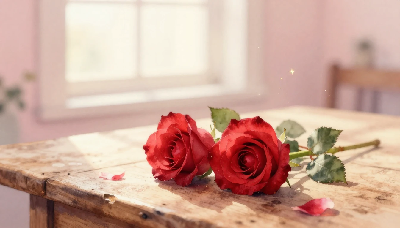 A beautiful watercolor painting of two delicate red roses in...