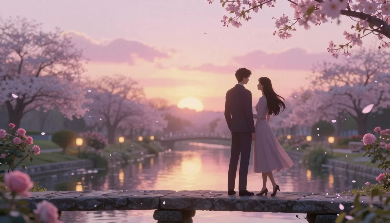 A dreamy and romantic scene featuring two elegant silhouette...