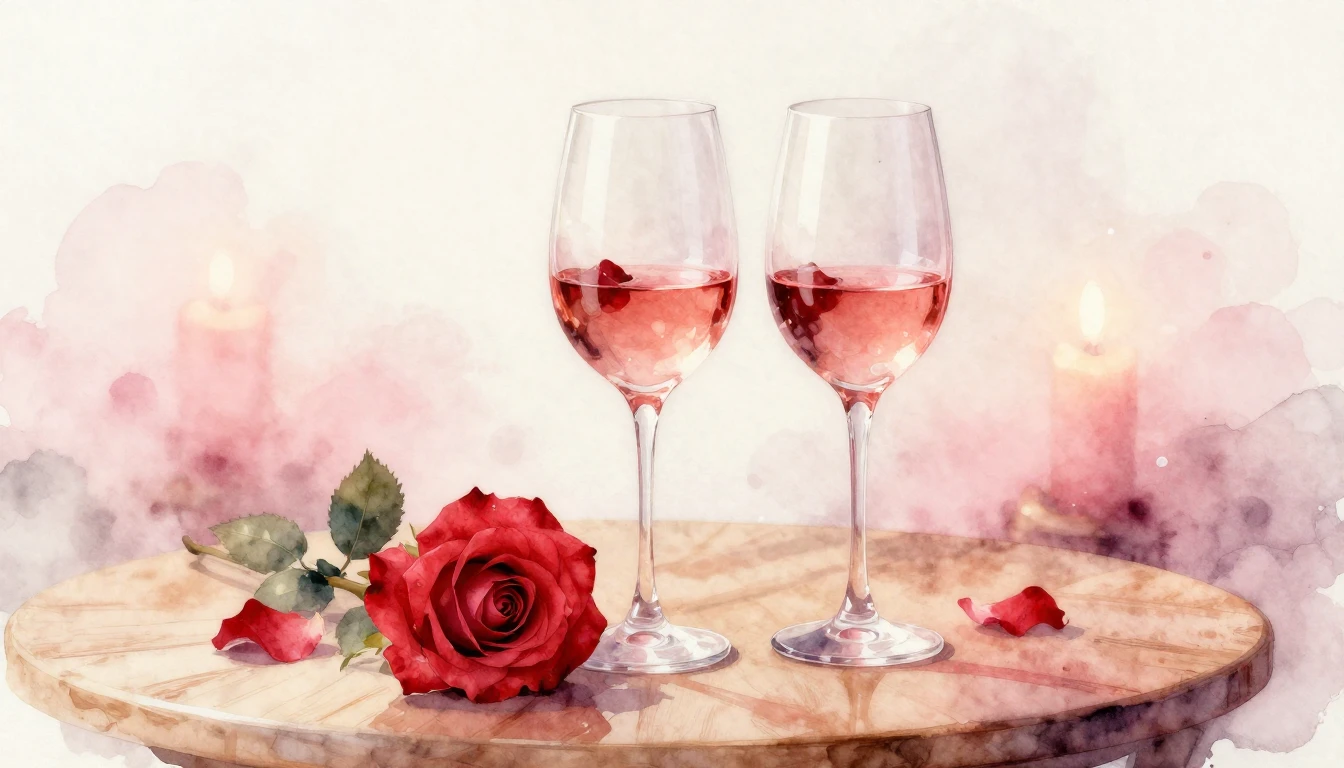 A delicate watercolor painting of two elegant wine glasses s...