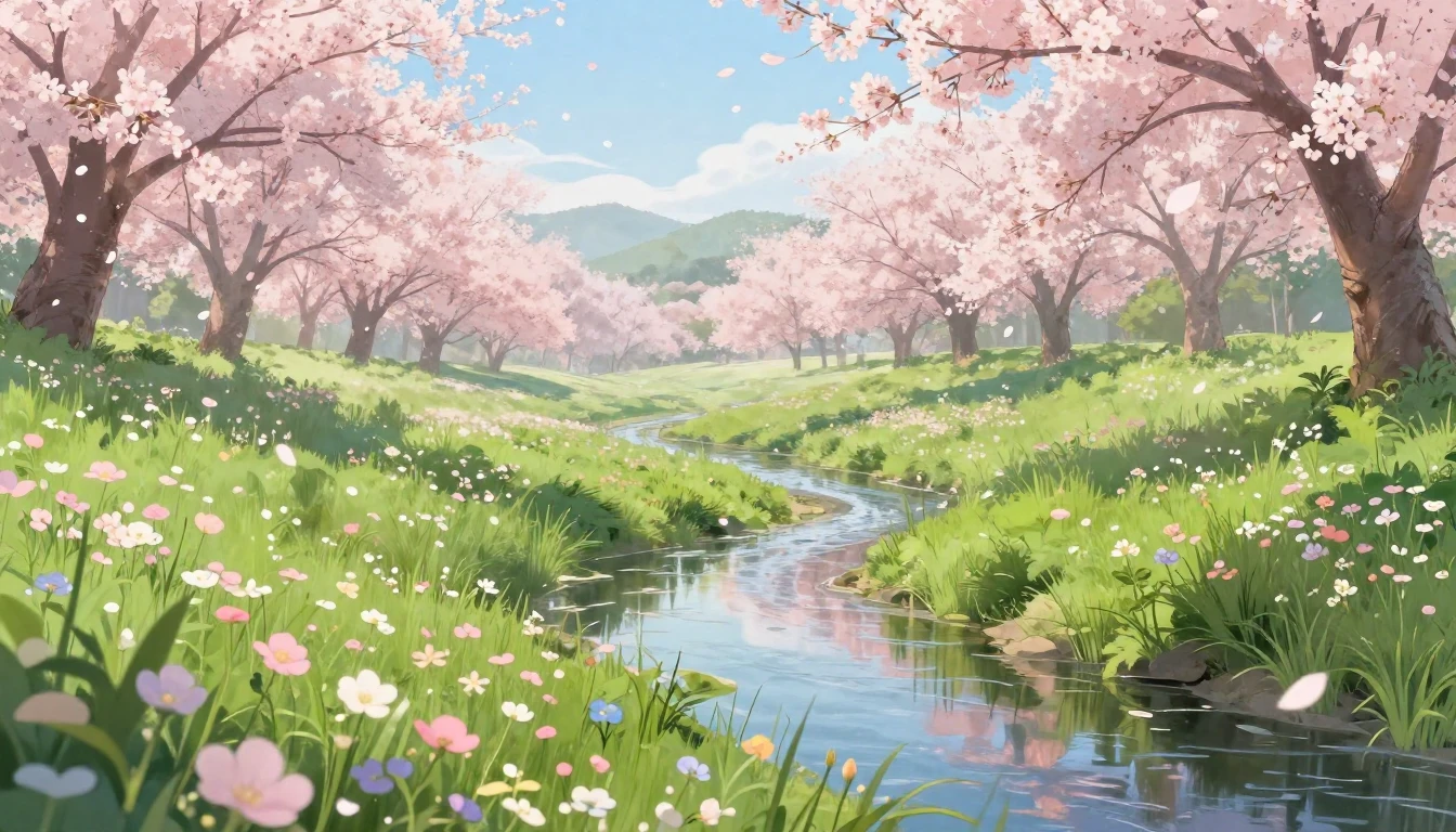 A serene landscape of a lush green meadow filled with bloomi...