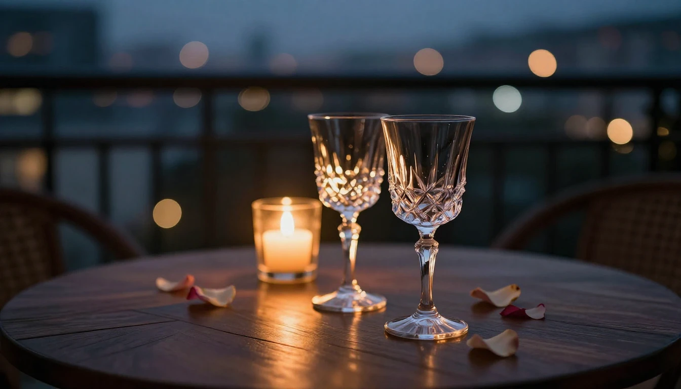 A close-up shot of two elegant crystal glasses on a polished...