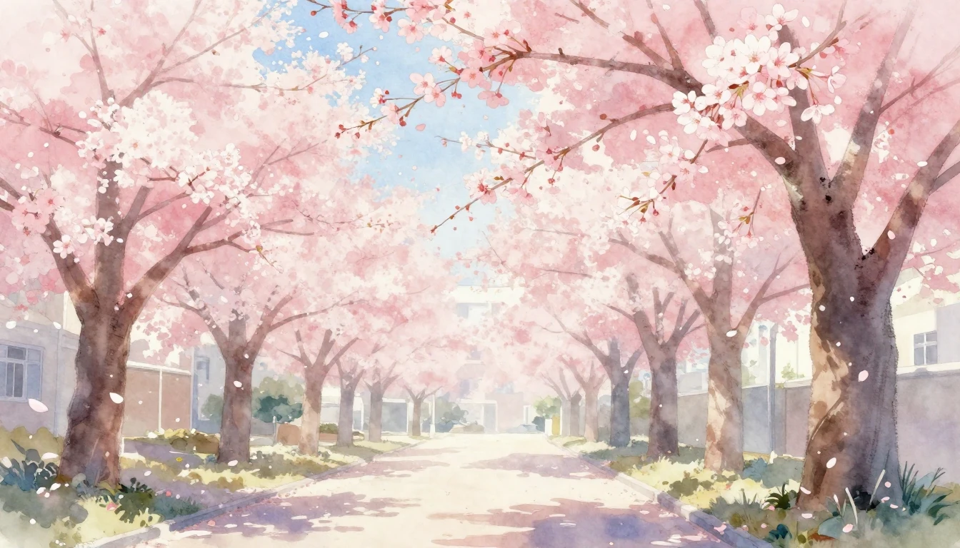 A serene watercolor painting of a cherry blossom tree in ful...