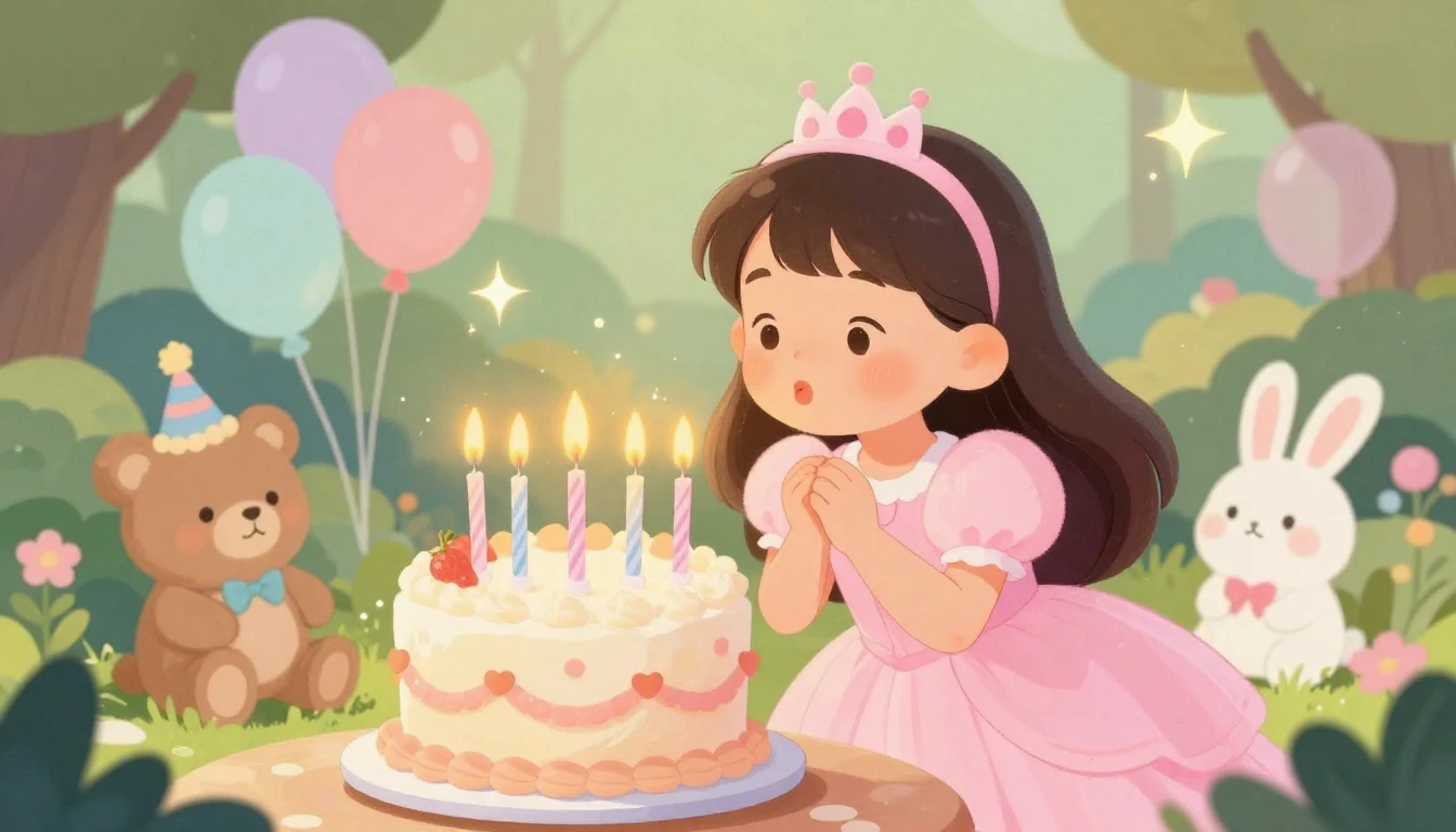 A magical birthday illustration for a 5-year-old girl. A cut...