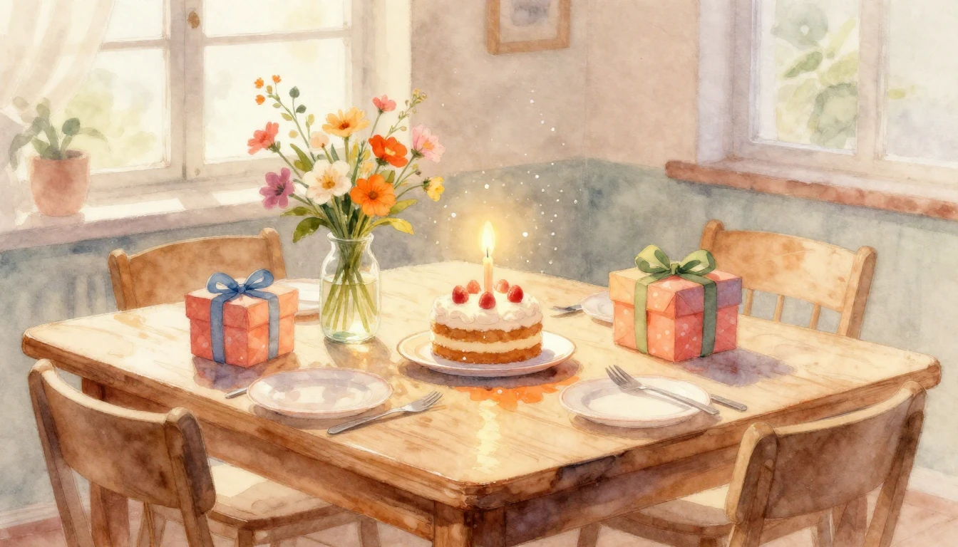 A beautiful watercolor painting of a cozy wooden table set f...