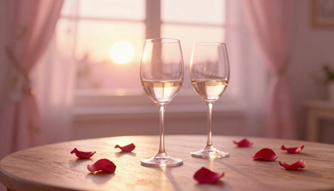 A soft and dreamy scene featuring two elegant wine glasses o...