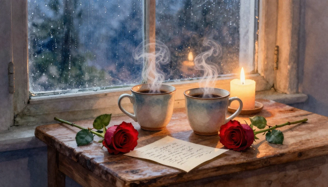 A romantic and cozy still life composition. A rustic wooden ...