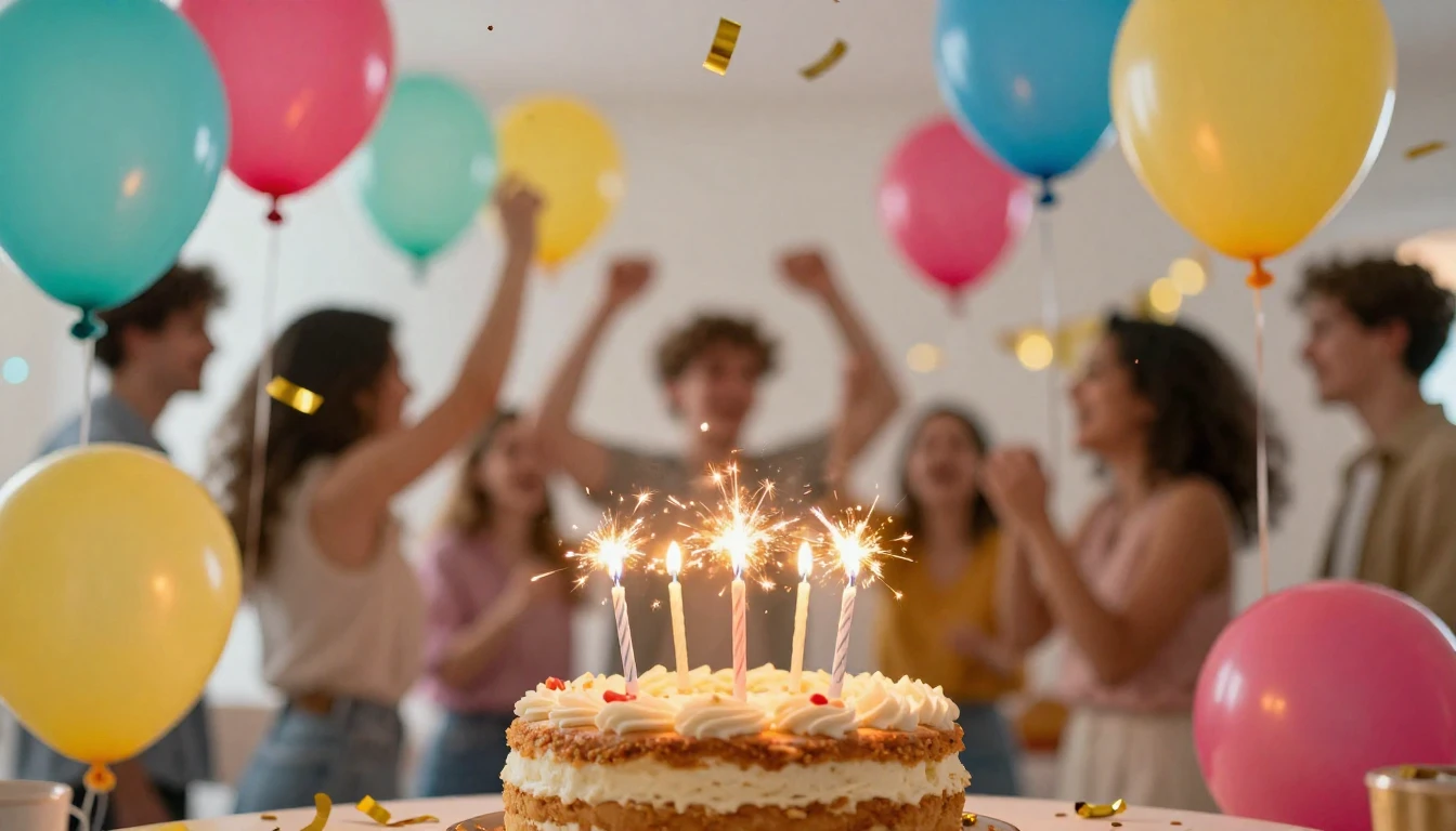 A vibrant and festive birthday celebration scene viewed from...