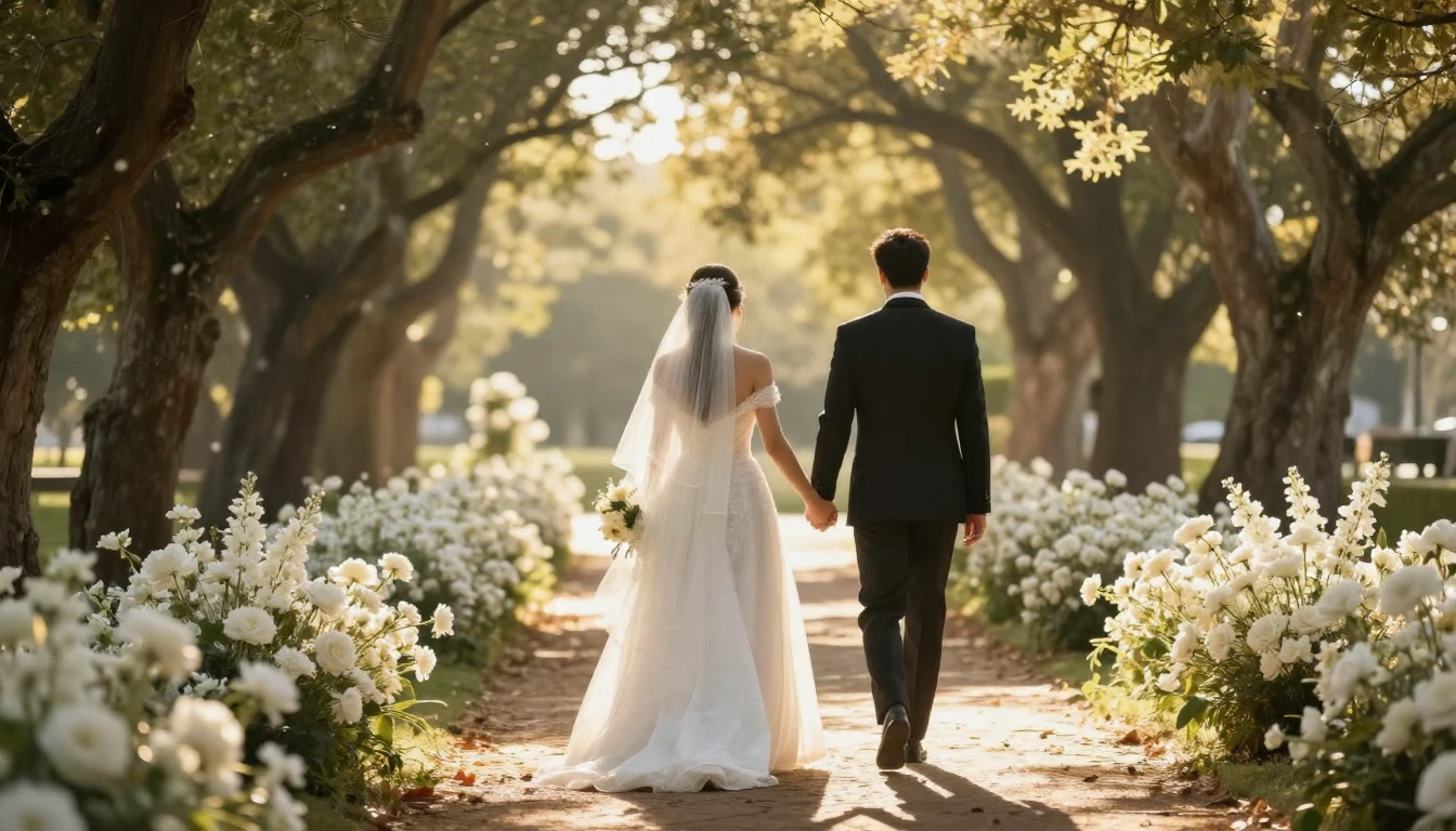 A cinematic wide shot of a bride and groom holding hands, wa...