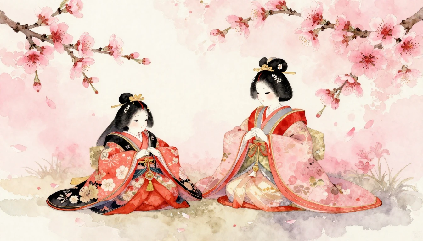 A delicate watercolor painting of traditional Hina dolls, sp...