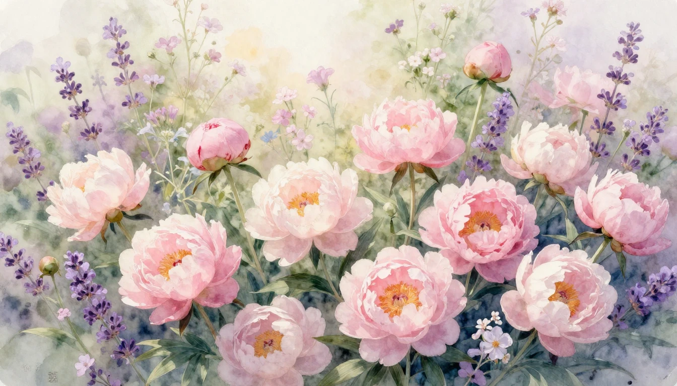A beautiful watercolor painting of a blooming garden filled ...