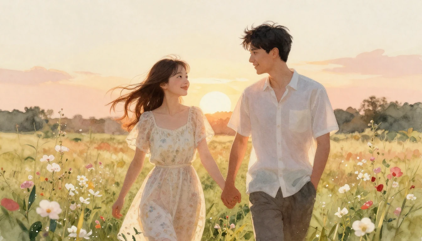 A beautiful and romantic watercolor painting of a young coup...