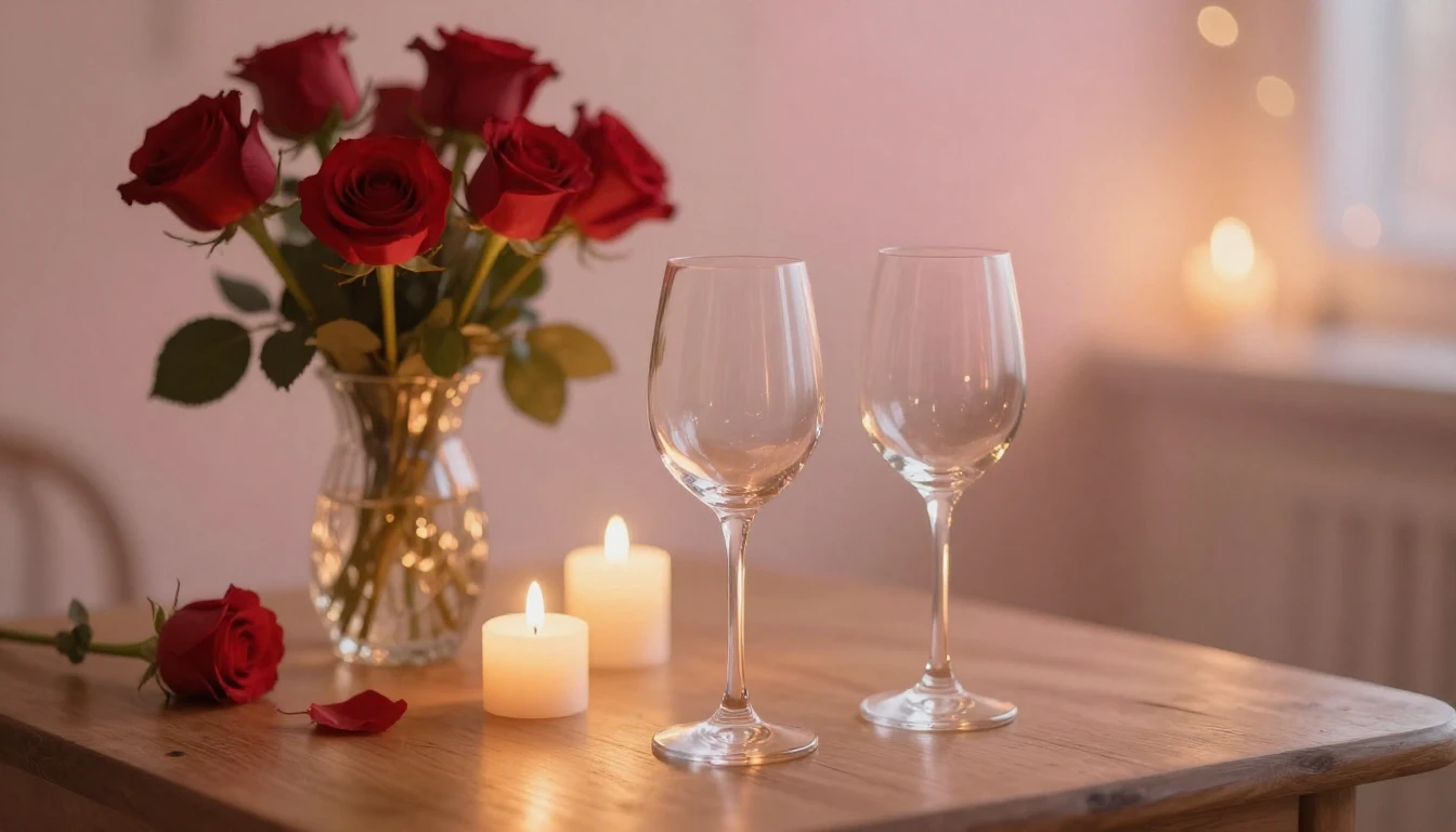 A romantic and dreamy scene featuring two elegant wine glass...