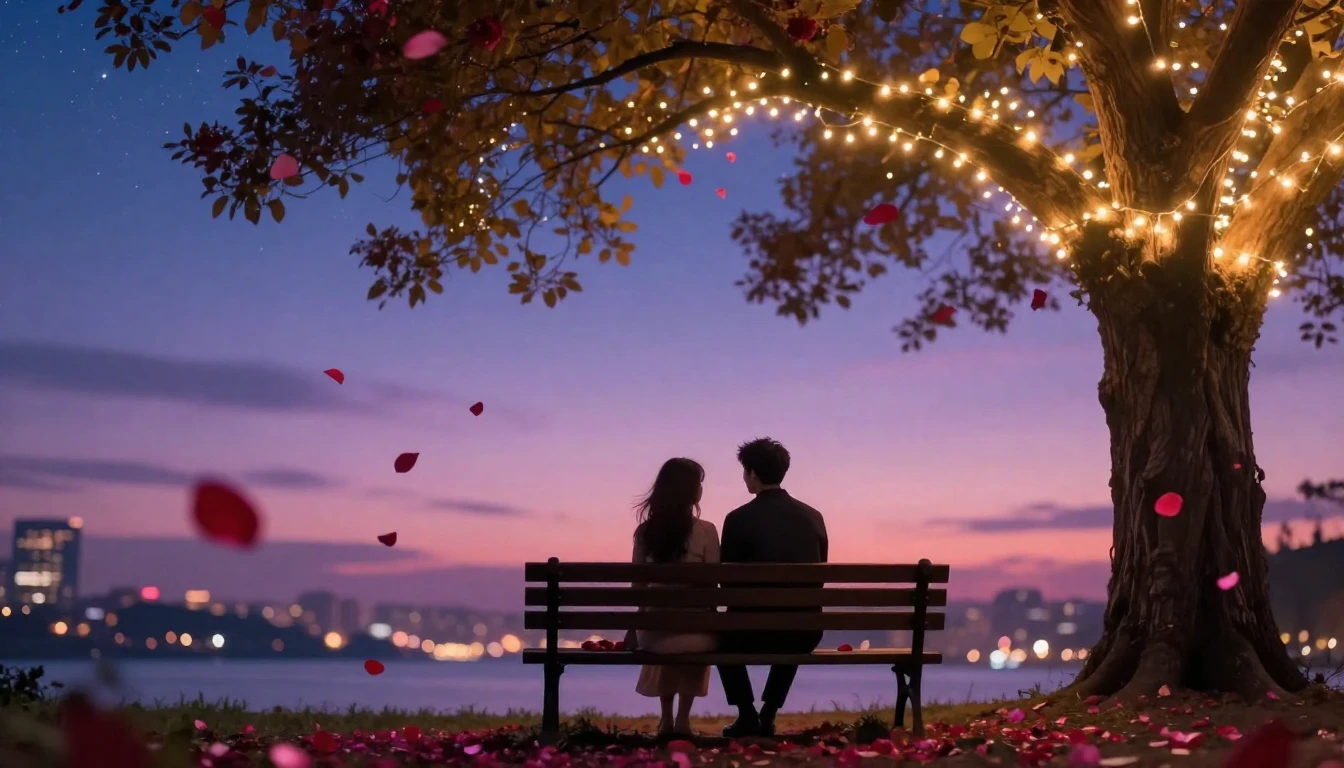 A cinematic, romantic scene at twilight featuring a silhouet...