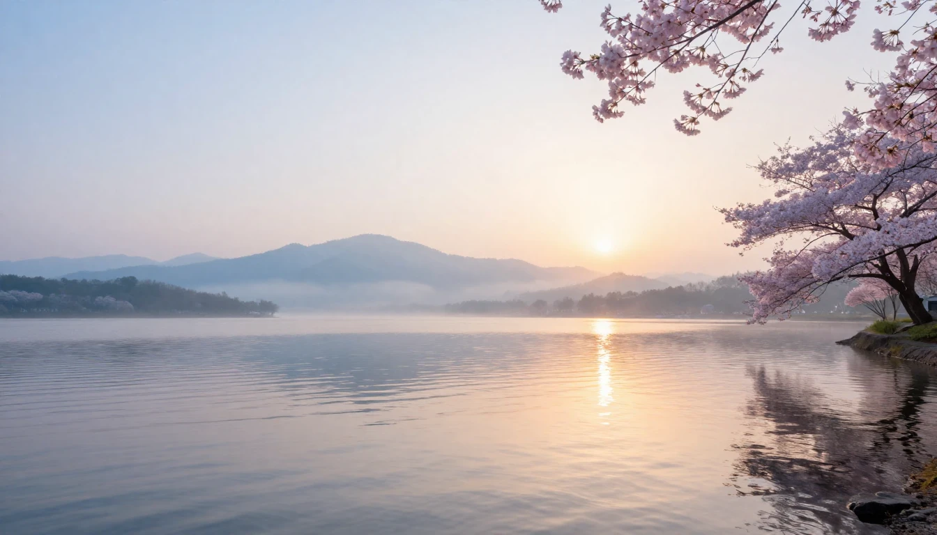 A tranquil landscape featuring a still lake reflecting a sof...