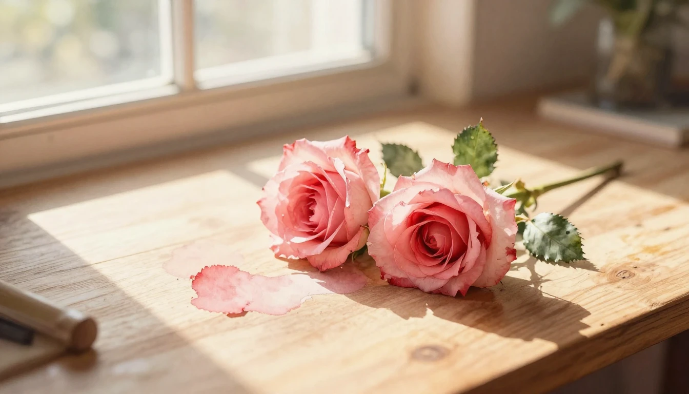A delicate watercolor painting of two intertwined roses rest...