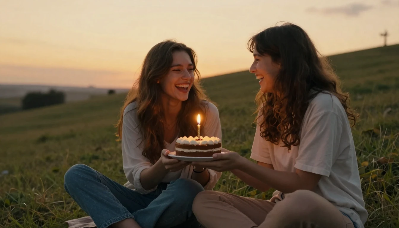 Two best friends sitting together on a grassy hill at sunset...