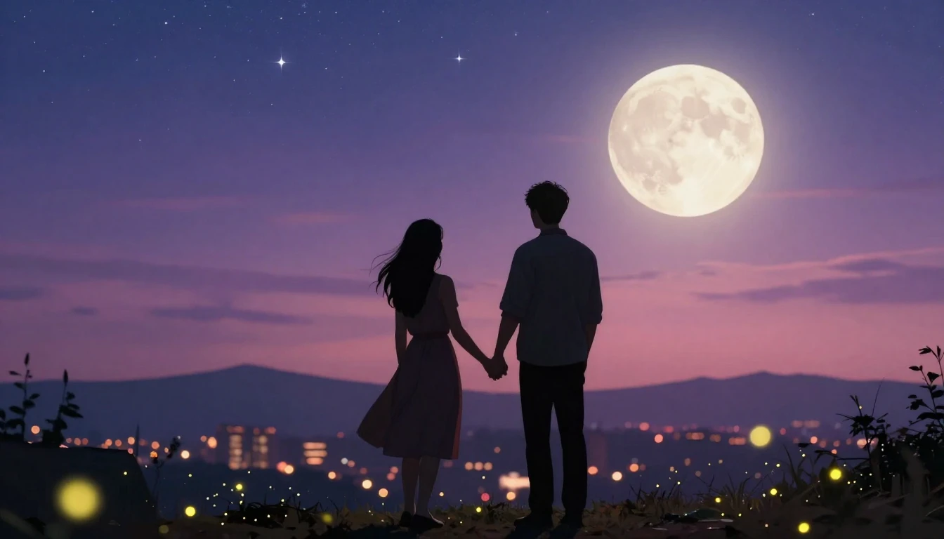 A romantic and dreamy scene featuring two silhouettes holdin...