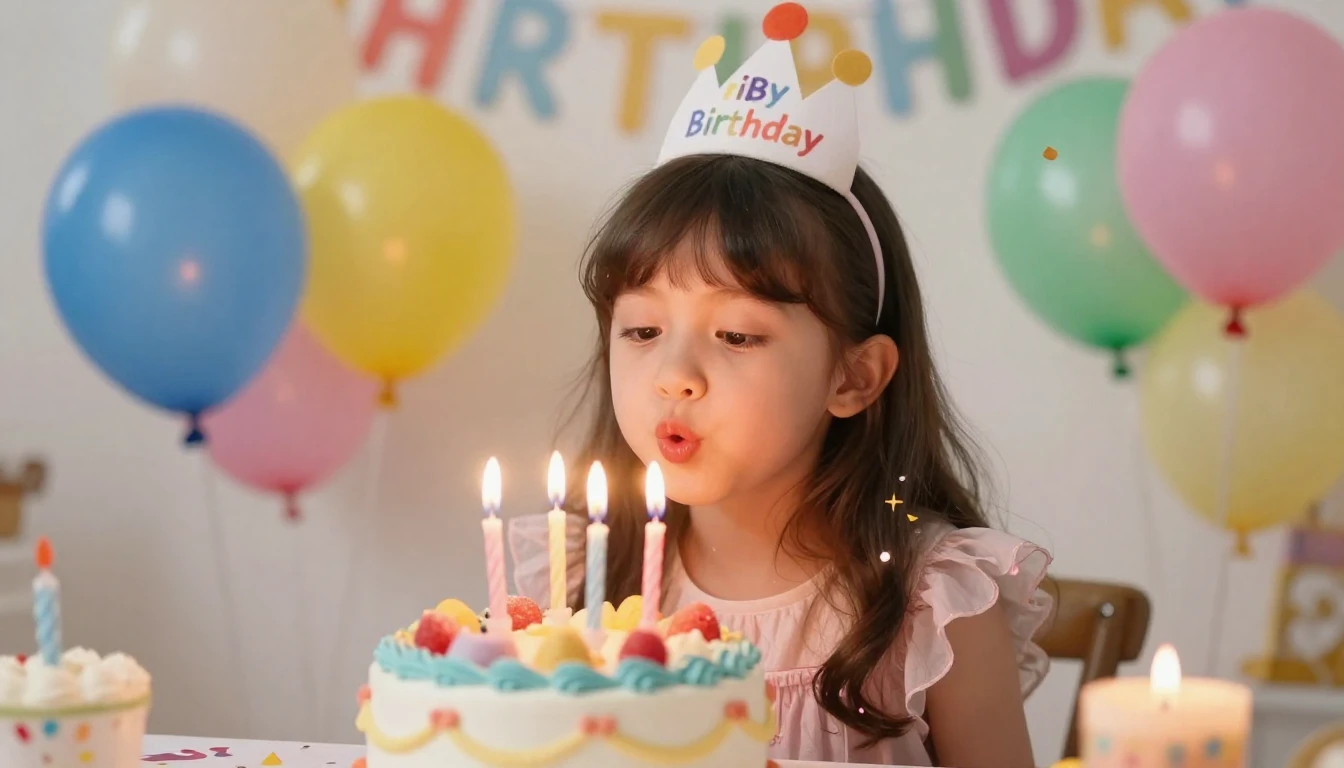 A cute, joyful little girl with a birthday crown, blowing ou...