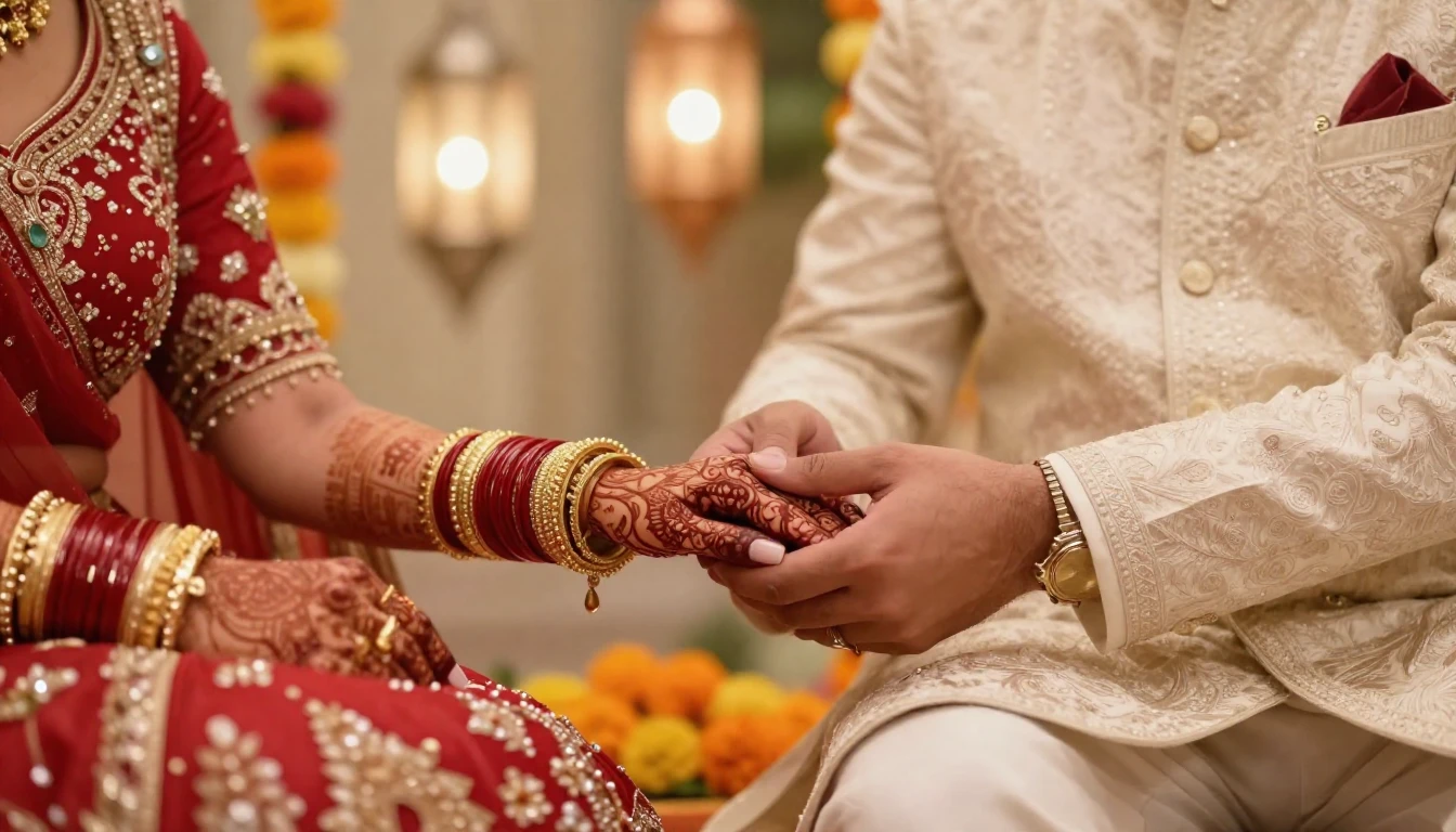 A close-up artistic illustration of a bride and groom holdin...