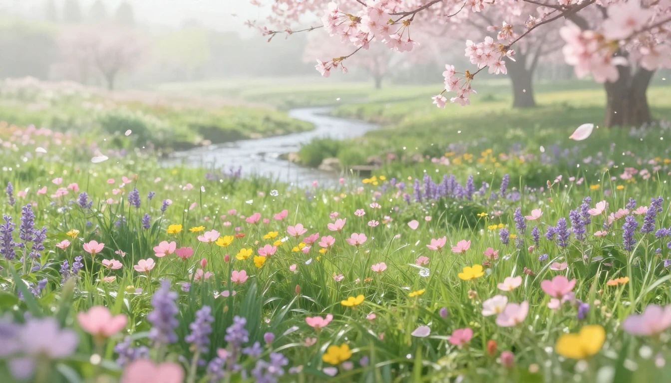 A breathtaking landscape featuring a lush green meadow fille...
