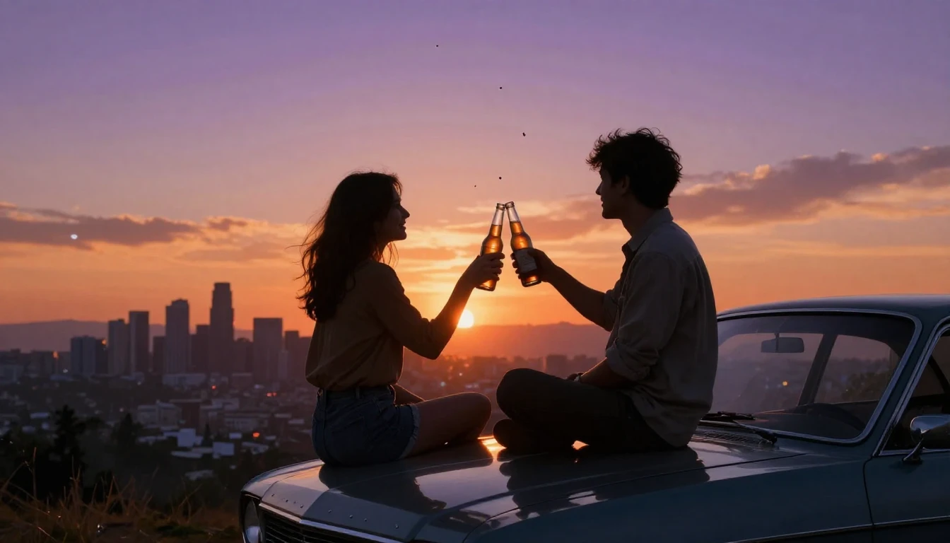 A cinematic digital art scene of two best friends sitting on...