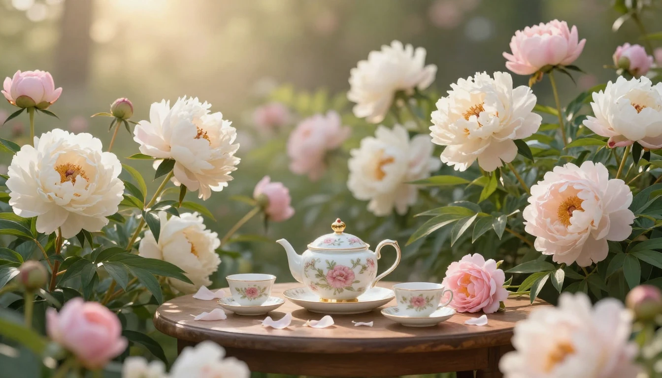 A beautiful and serene scene featuring a lush garden filled ...