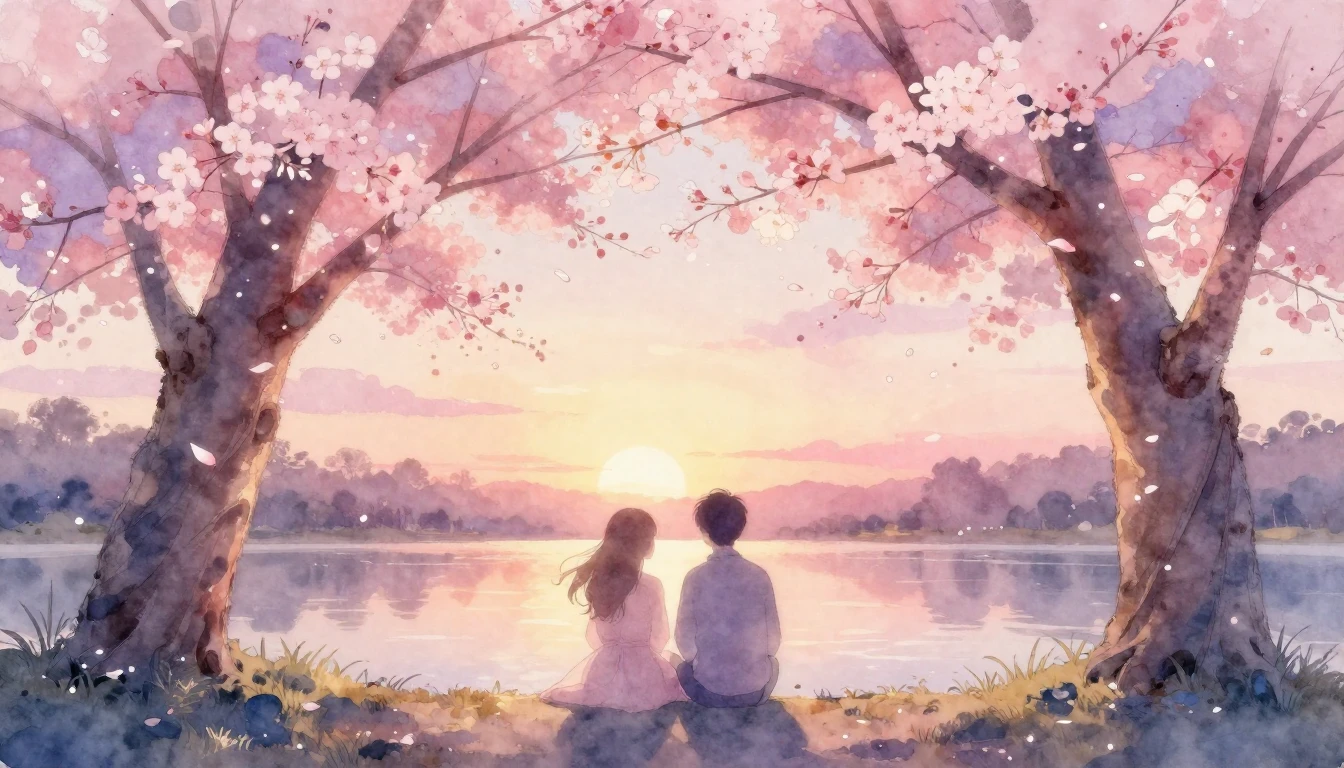 A delicate watercolor painting of two ethereal silhouettes s...