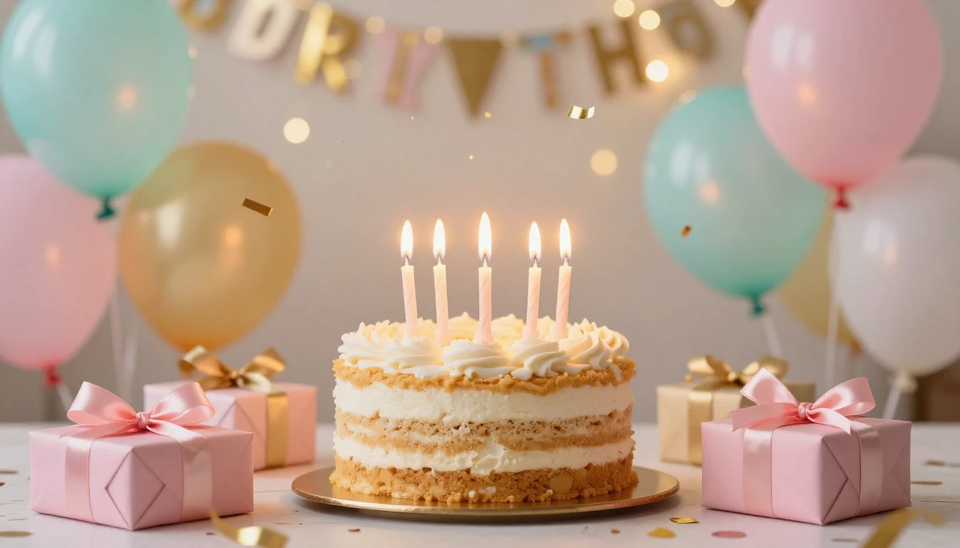 A bright and festive birthday celebration scene, centered on...