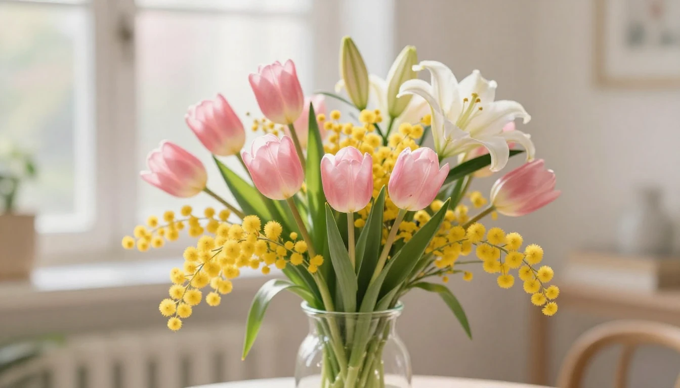 A beautiful and vibrant bouquet of spring flowers, including...