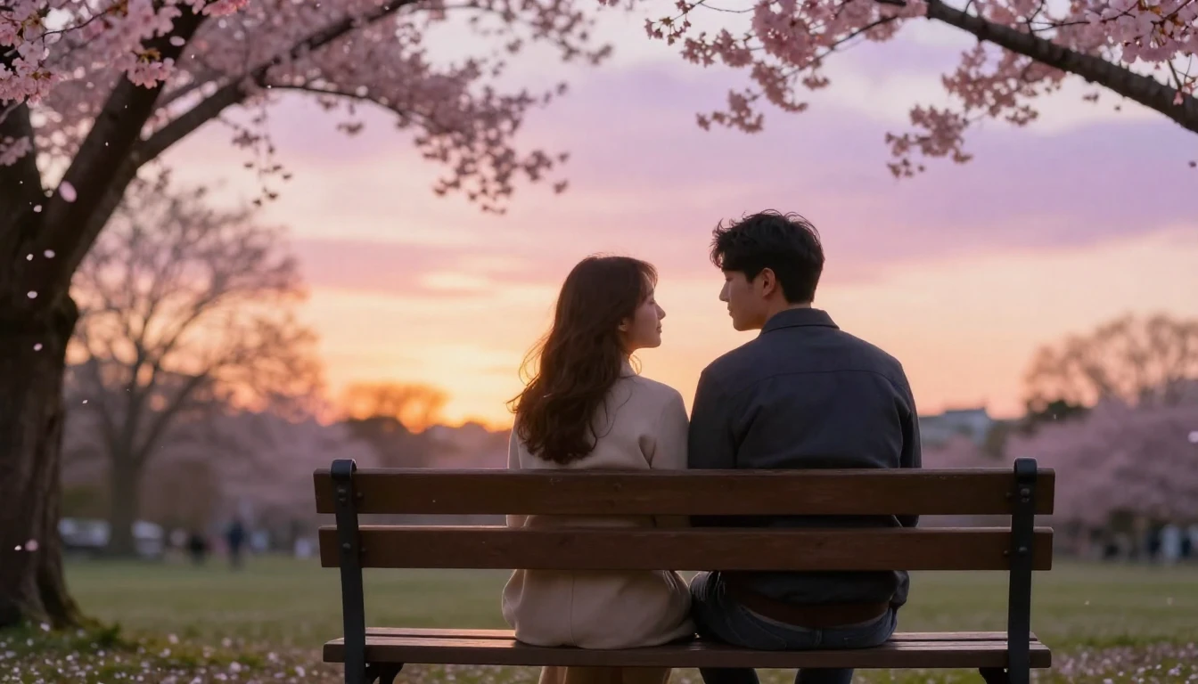A romantic scene featuring a couple sitting on a wooden benc...