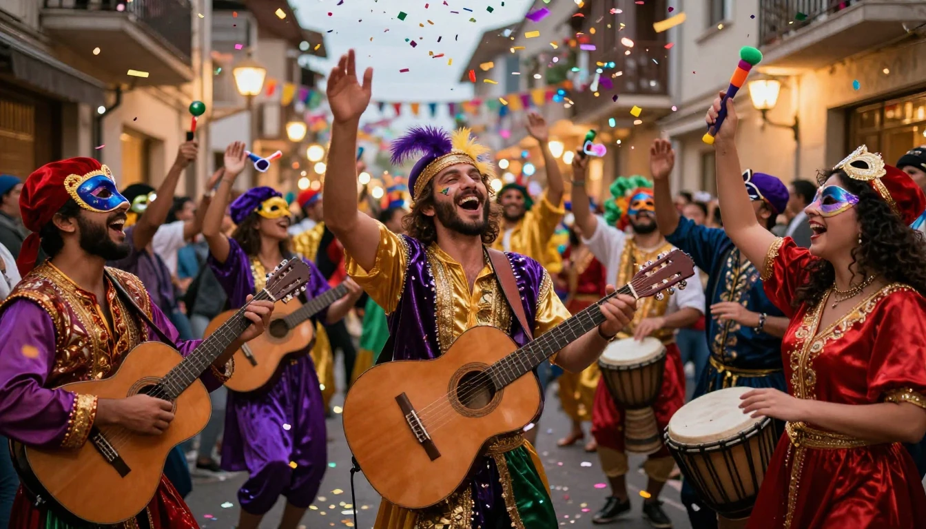 A vibrant and joyous Purim celebration scene. People in colo...