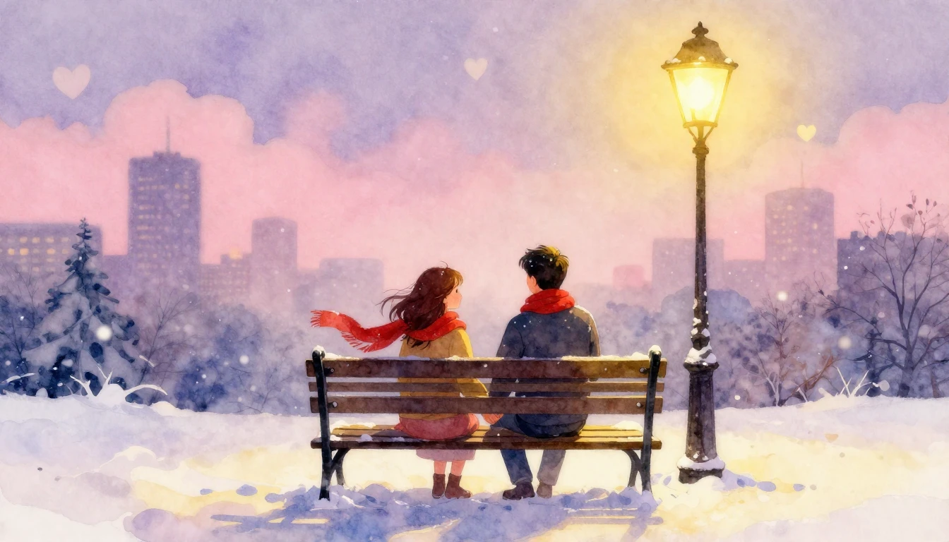 A romantic and dreamy watercolor painting featuring a couple...