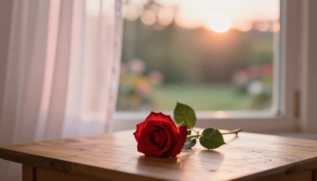 A beautiful and delicate scene featuring a single red rose r...