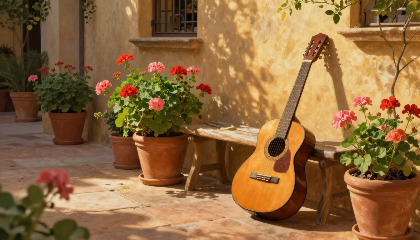 An impressionist style painting of a sun-drenched Spanish co...