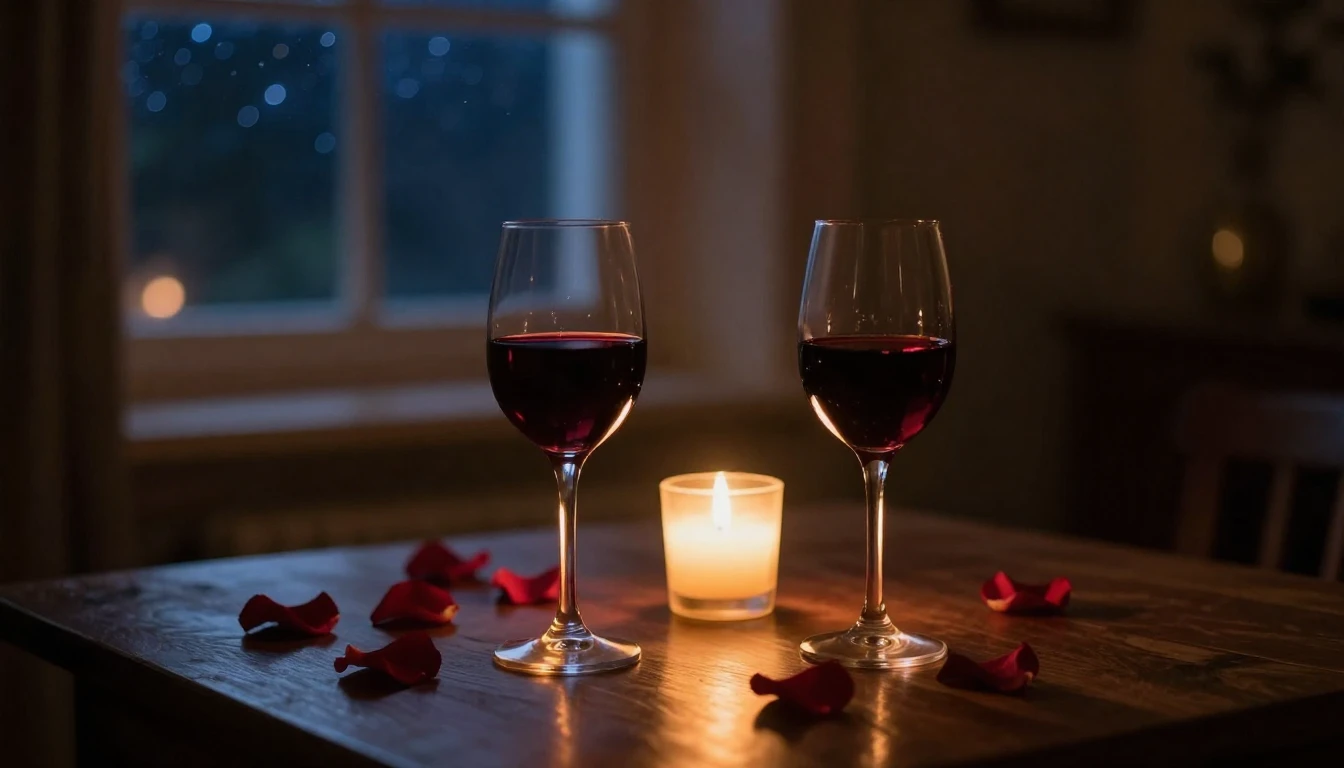 A cozy, dimly lit room during a quiet evening. On a wooden t...