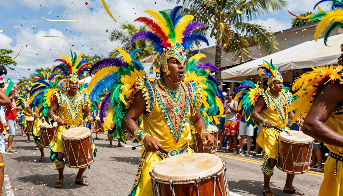A vibrant and explosive scene of a festive carnival parade. ...