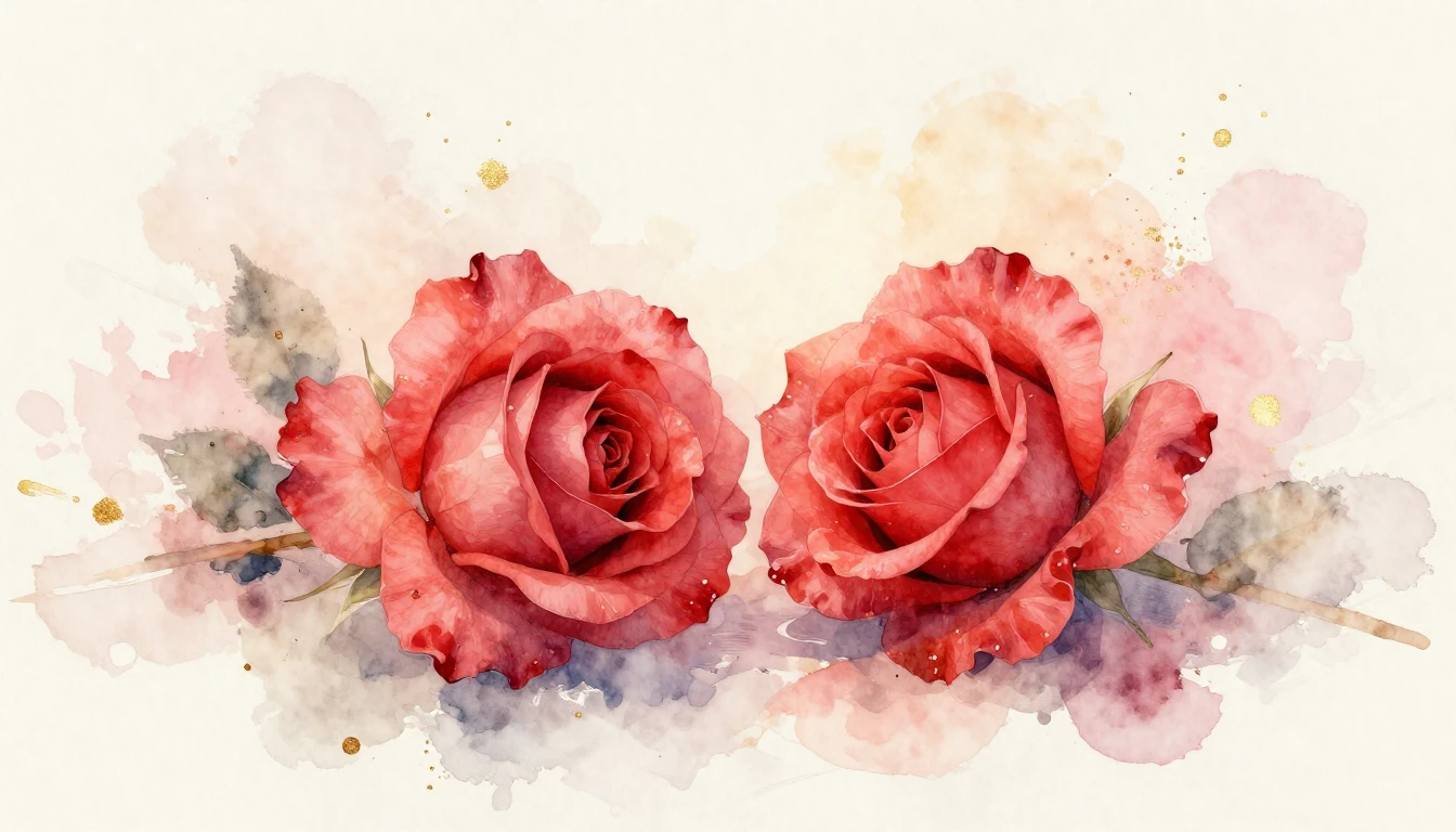 A beautiful watercolor painting of two delicate red roses le...