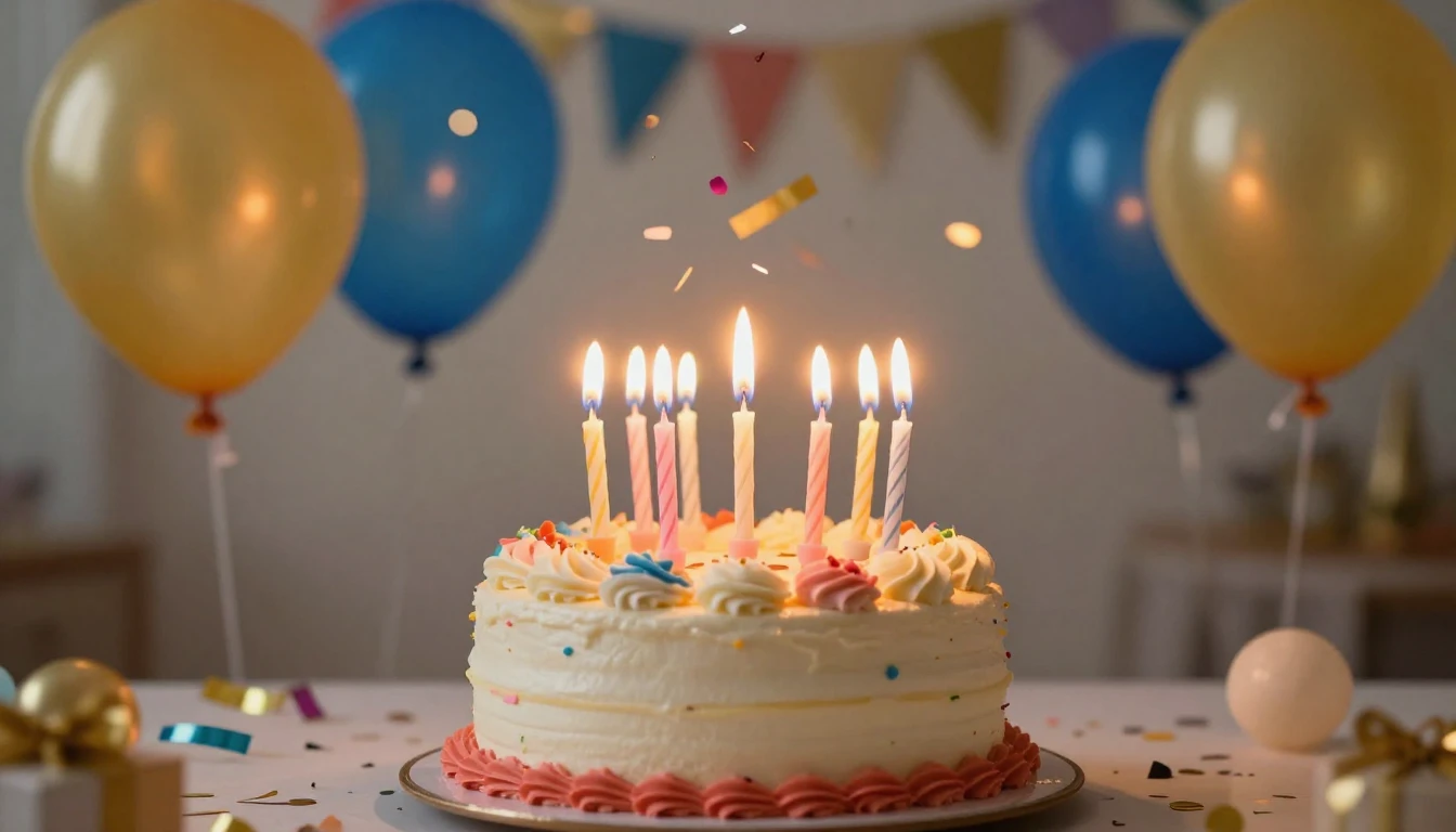 A festive birthday party atmosphere, a colorful birthday cak...