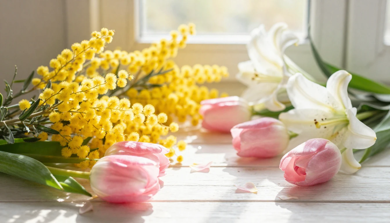 A lush arrangement of spring flowers, including bright yello...